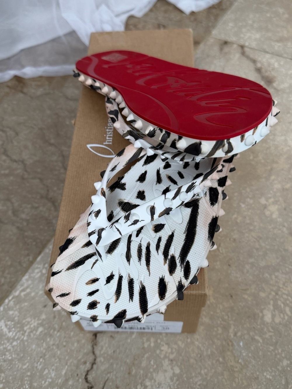 Christian Louboutin White & Black Animal Print Studded Donna Loubi Flip Flops 38 - Picture 5 of 16